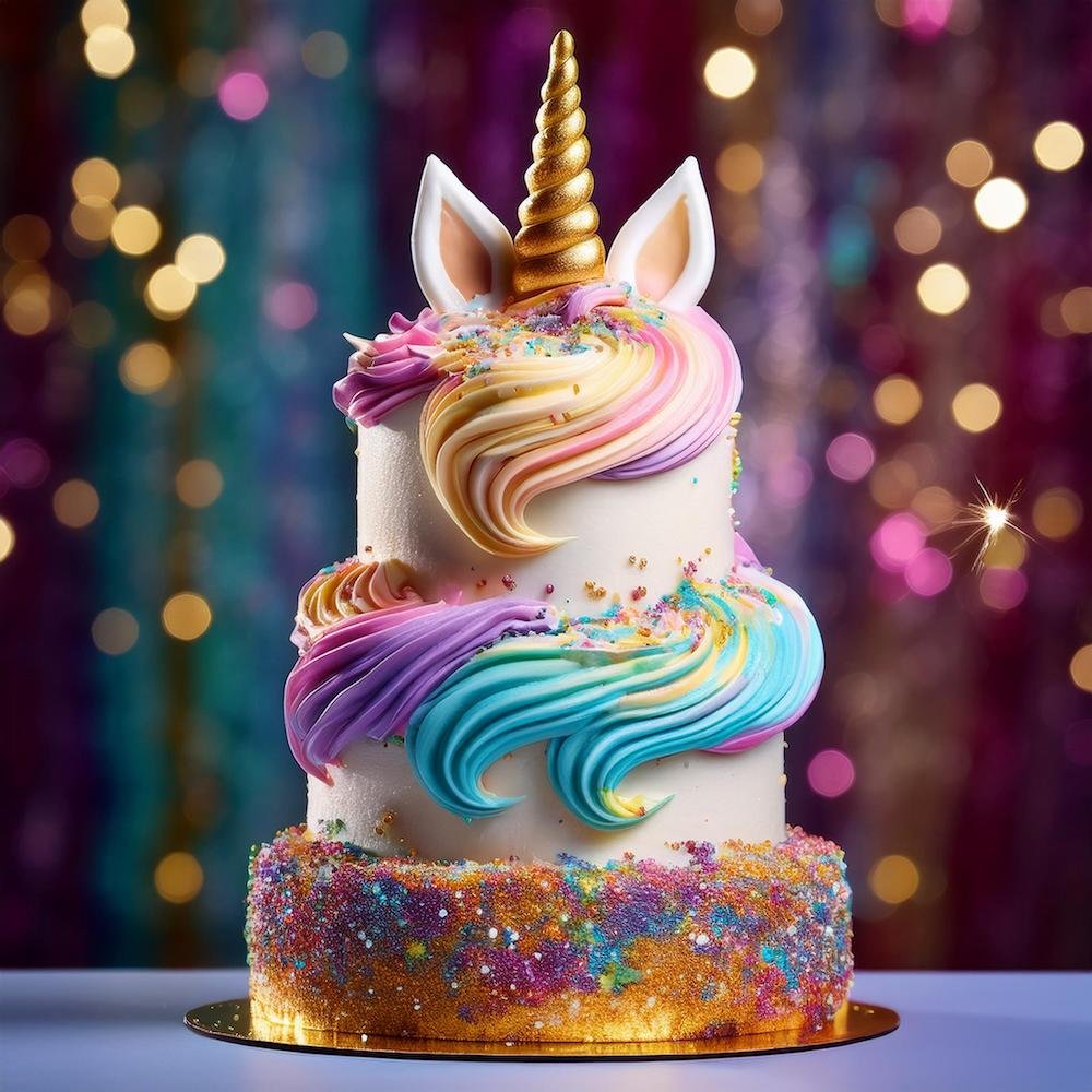 A vibrant Unicorn Cake with a golden horn, pastel frosting, and rainbow sprinkles