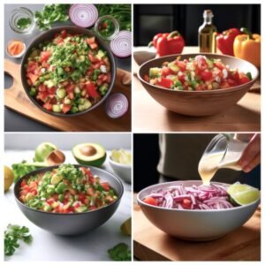 A step-by-step photo collage of preparing a Mexican salad, from chopping vegetables to mixing in a bowl.