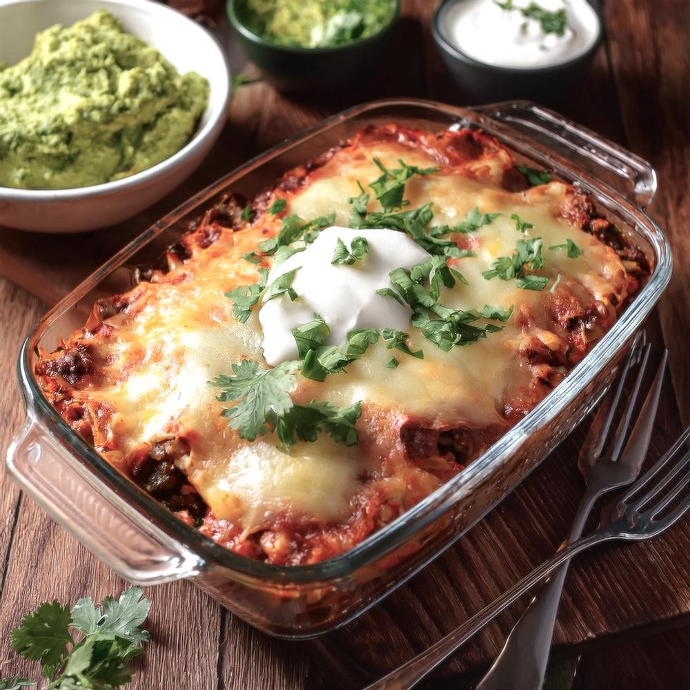 A baked Mexican lasagna in a casserole dish with vibrant toppings.