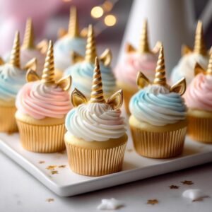 Mini unicorn cupcakes with pastel swirls and golden horns