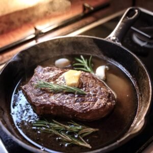 Chuck eye steak being seared in a cast-iron skillet