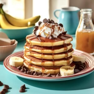 Pancakes with chocolate chips, banana slices, and whipped cream