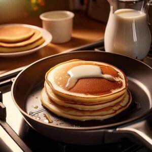 Pancakes cooking on a hot griddle with bubbles forming on the surface