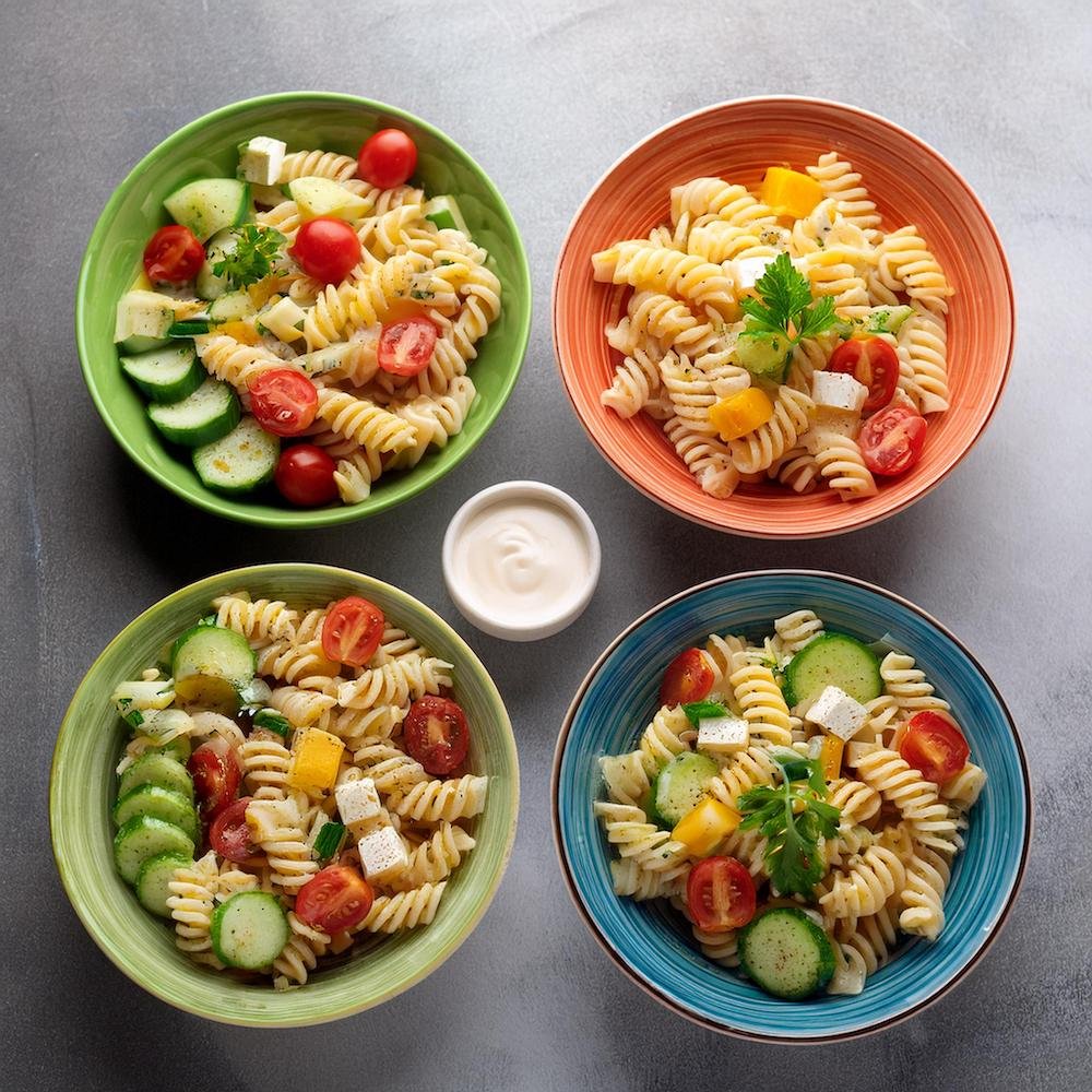 A split image of pasta salad with vinaigrette on one side and macaroni salad with creamy dressing on the other