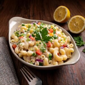 A fully assembled macaroni salad in a serving dish, garnished with parsley and served with a side of lemon wedges