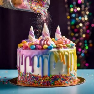 A piñata-style Unicorn Cake with candy spilling out from the center