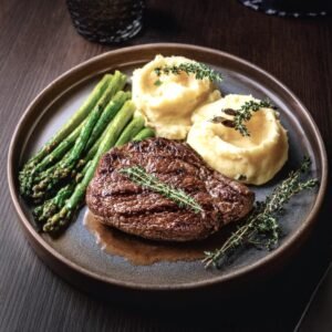 A perfectly cooked ribeye steak on a plate