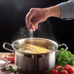 A chef sprinkling salt into a boiling pot of water