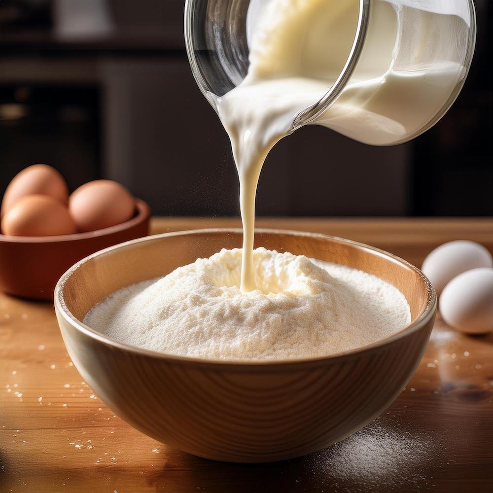 A close-up of sweet cooking cream being poured into a bowl, with ingredients like eggs, sugar, and flour nearby.