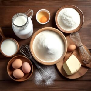 Ingredients for sweet cream pancakes arranged on a wooden table