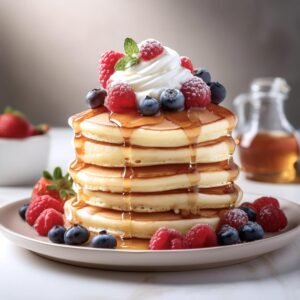 Sweet cream pancakes topped with fresh fruit and syrup