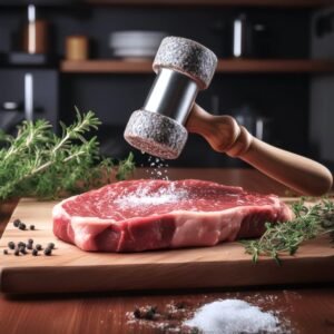 Chuck steak being pounded with a meat mallet