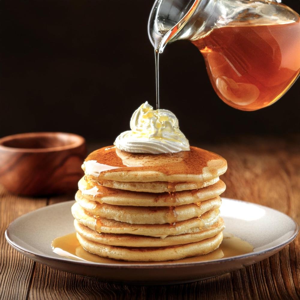 A tall stack of fluffy IHOP-style pancakes topped with whipped butter and syrup.