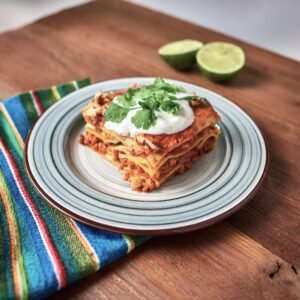 Mexican lasagna topped with sour cream and guacamole.