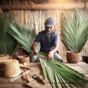 Palm leaves being woven into baskets