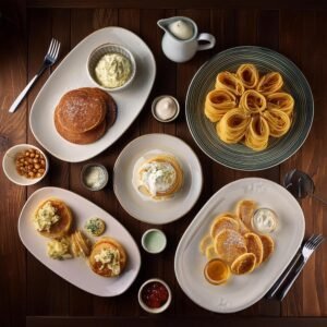 A selection of dishes including creamy pasta, pancakes, and custard, highlighting sweet cooking cream.