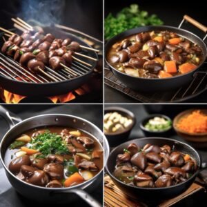 A collage of chicken hearts being grilled, stir-fried, and braised