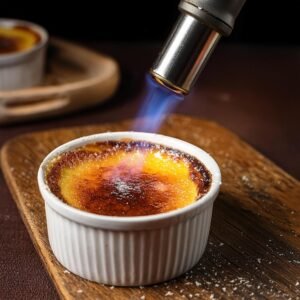 Caramelizing sugar on top of crème brûlée using a kitchen torch.