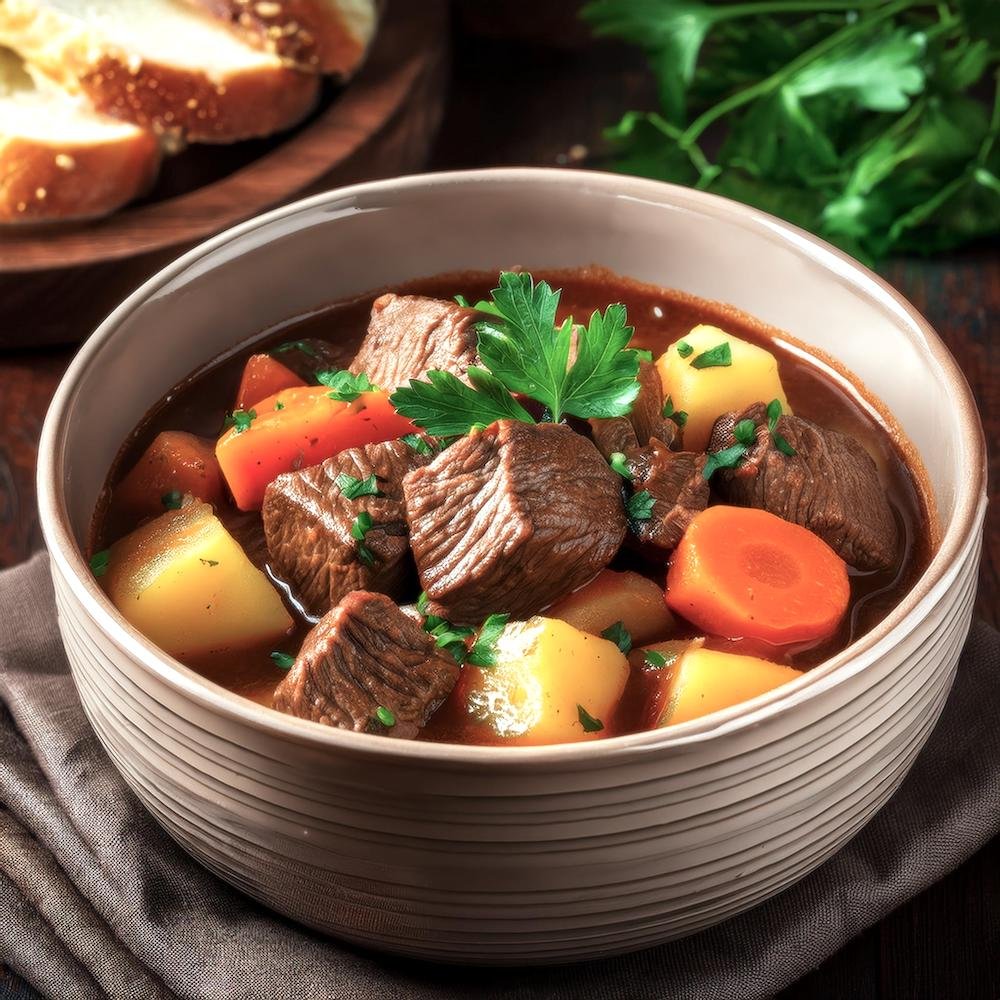 A bowl of beef stew thickened with roux, garnished with parsley.