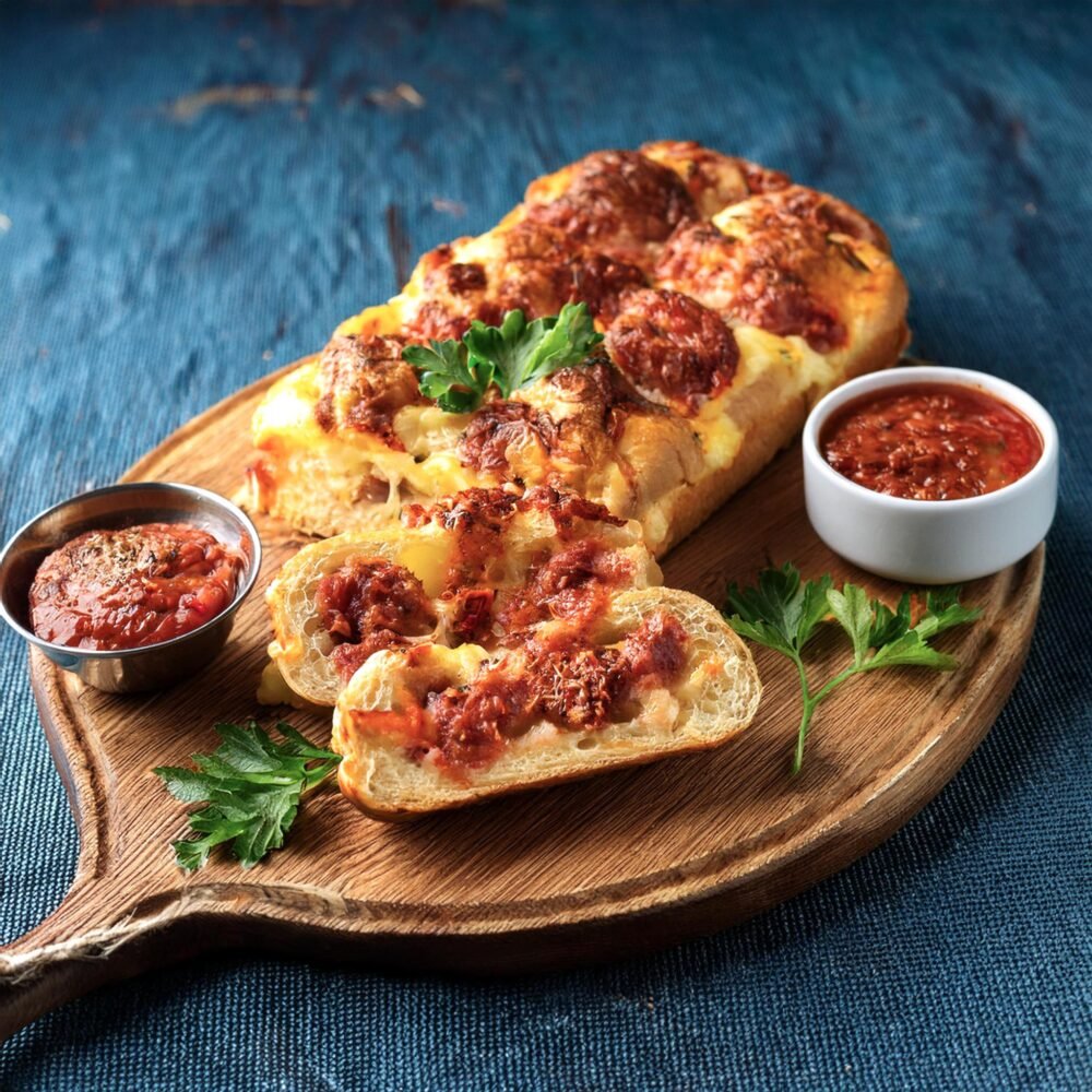 A freshly baked garbage bread recipe loaf sliced to reveal pepperoni, cheese, and sauce filling.