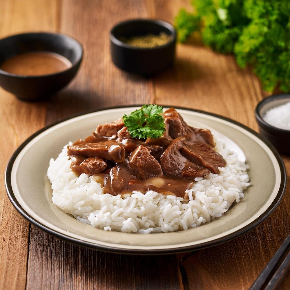 A plate of hayashi rice with beef, onions, and rich demi-glace sauce served over steamed rice