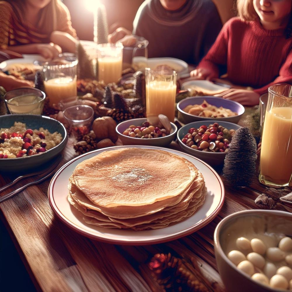 A community pancake breakfast event with people enjoying pancakes at decorated tables