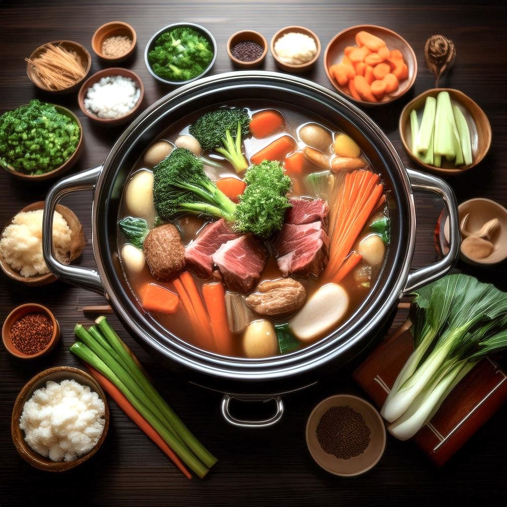 A pot with nikujaga ingredients simmering, including beef and vegetables