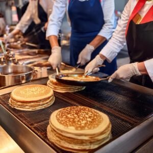 Volunteers flipping pancakes on a large griddle at a pancake breakfast event