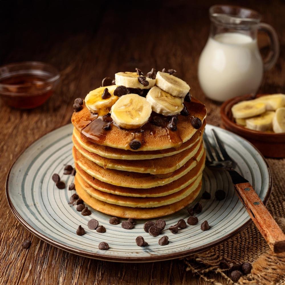 A stack of cream pancakes topped with bananas, chocolate chips, and syrup