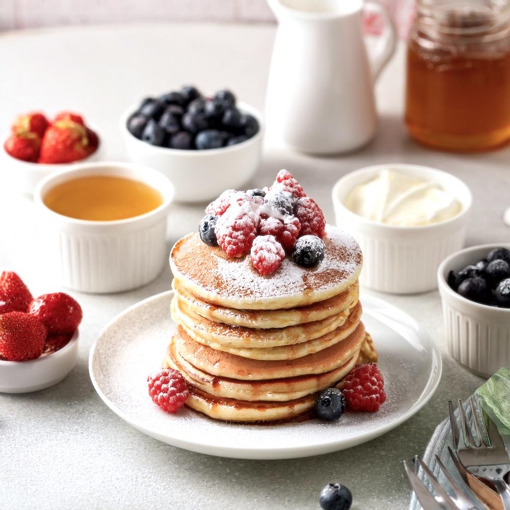 Pancakes with powdered sugar, whipped cream, and berries