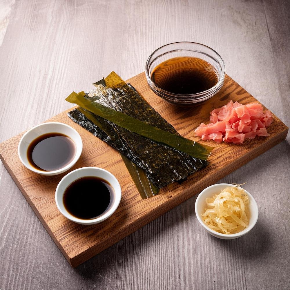 Kombu and katsuobushi displayed on a wooden board for making dashi.