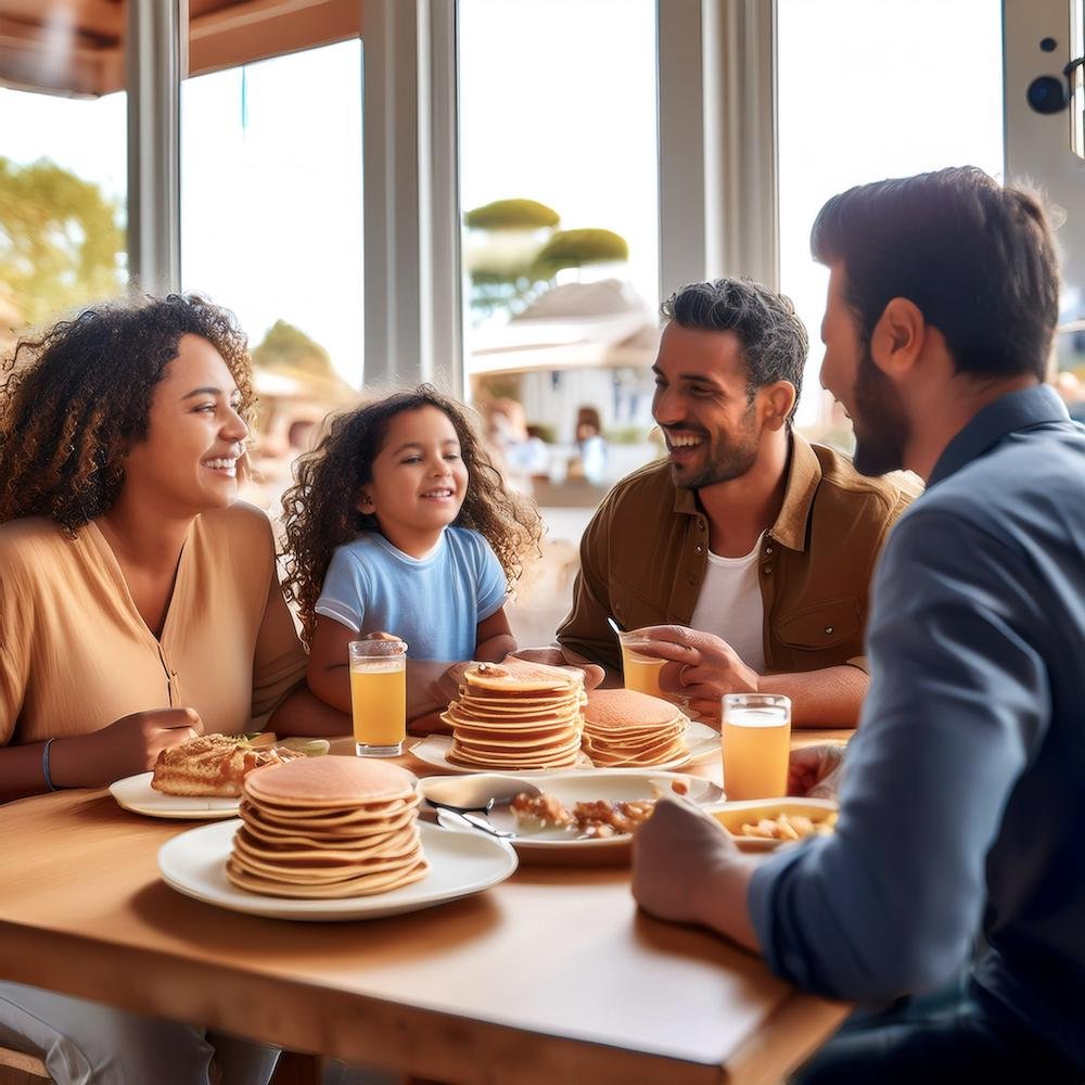 A family enjoying pancakes together at a community event.