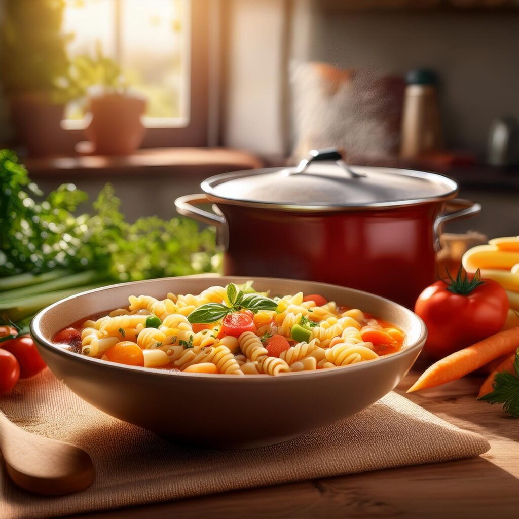 A bowl of ditalini pasta next to a pot of soup.