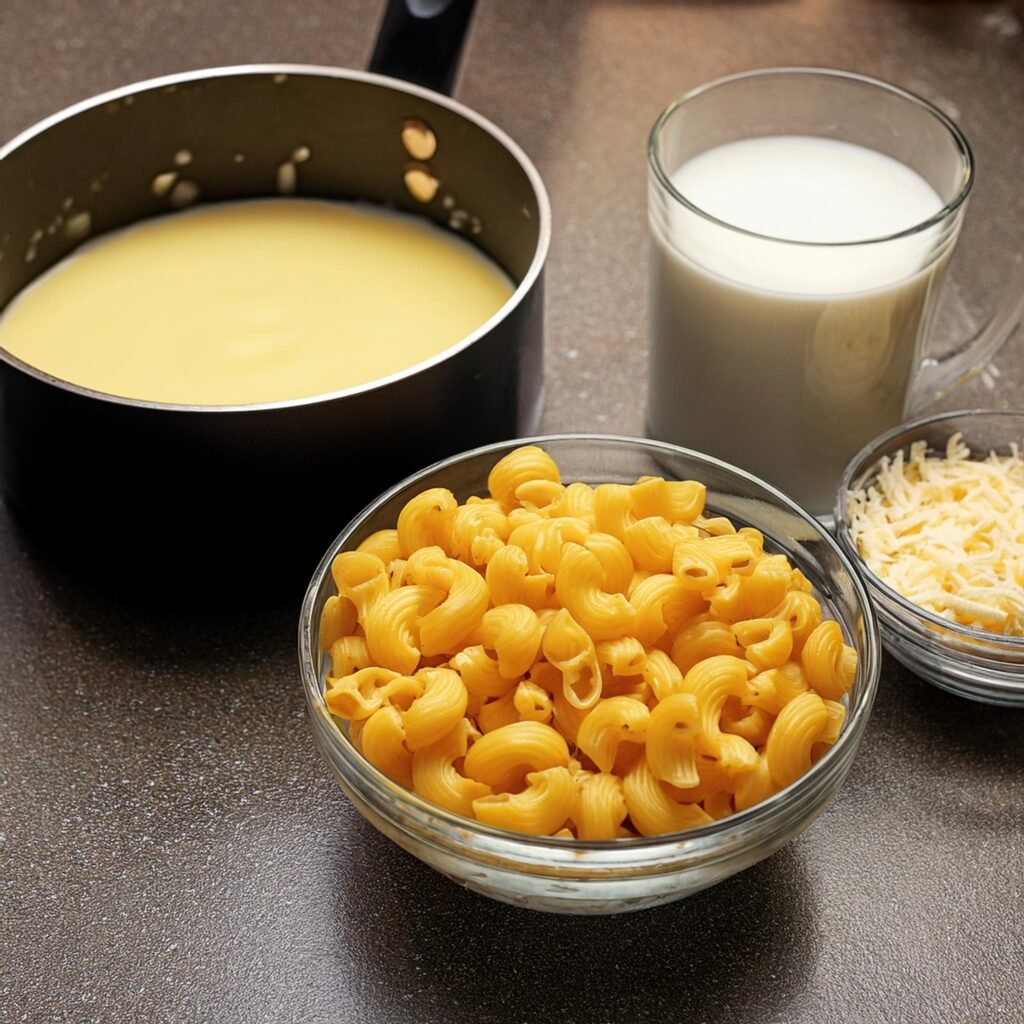 Macaroni pasta in a bowl next to cheese sauce.