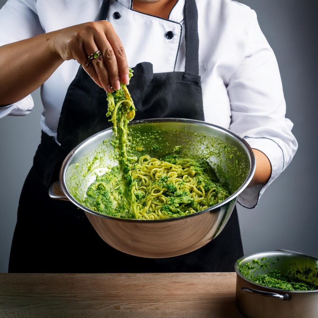 Firefly A chef tossing hot pasta with vibrant green pesto in a large mixing bowl with a pot of past 1 Grant Recipes