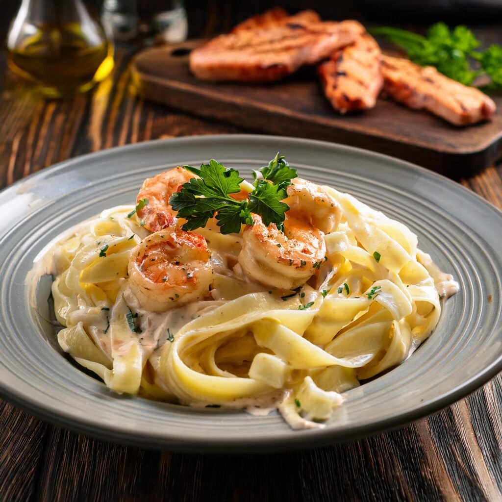 Firefly A close up of a plate of fettuccine Alfredo topped with grilled chicken and shrimp garnis Grant Recipes