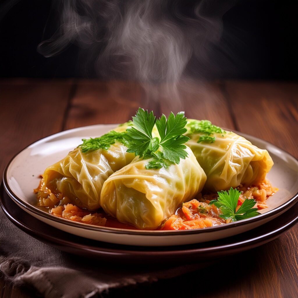 Firefly A close up of a reheated plate of stuffed cabbage rolls with visible steam garnished with p Grant Recipes