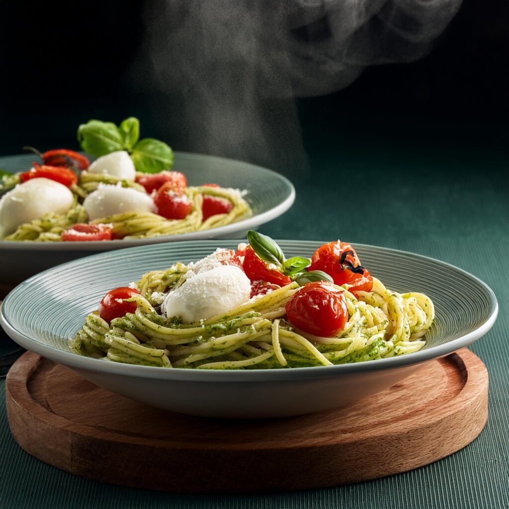 Firefly A comparison of hot and cold pesto pasta dishes on a table one steaming and garnished with 1 1 Grant Recipes