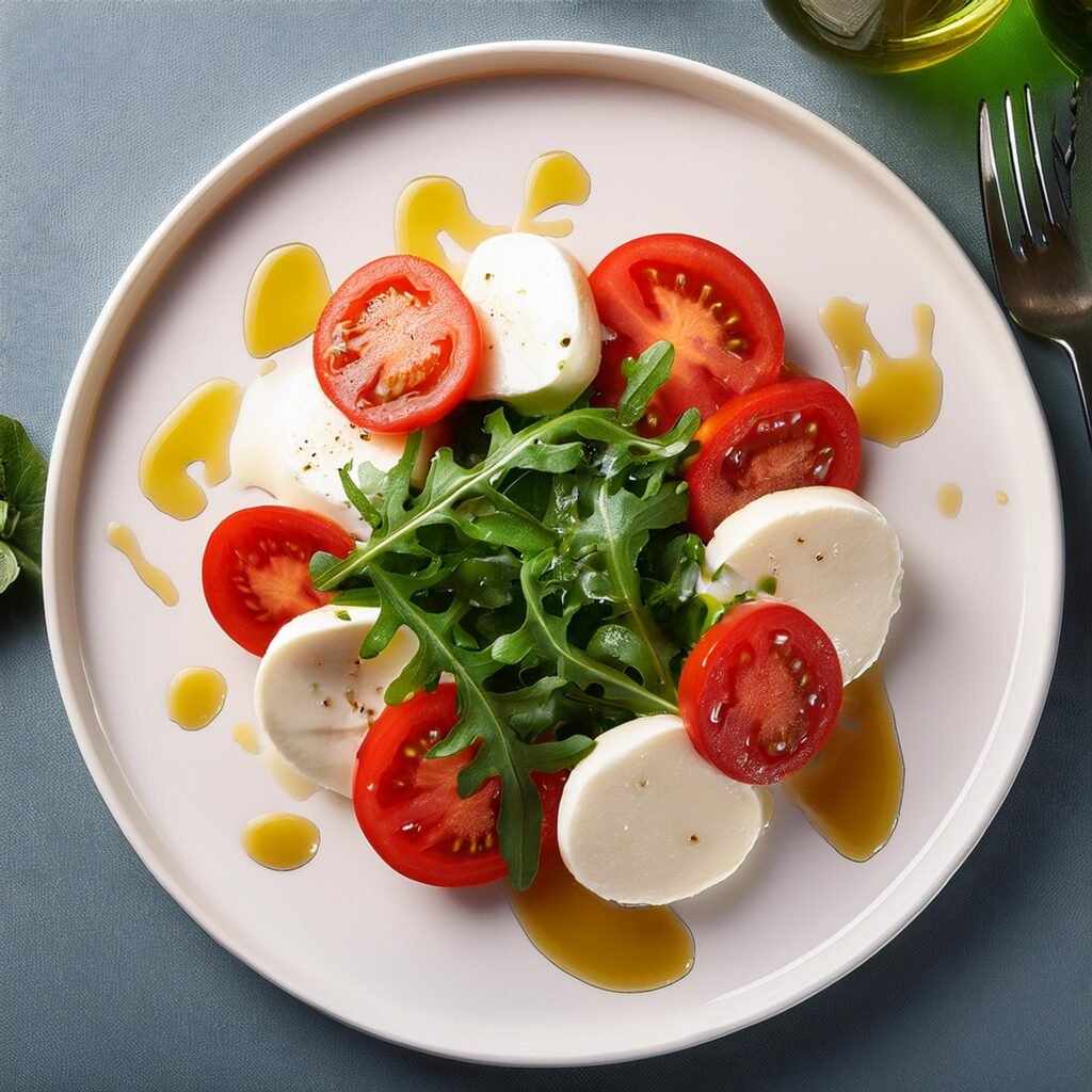 Firefly A light Caprese salad with reduced mozzarella arugula and sliced tomatoes arranged on a w 1 Grant Recipes