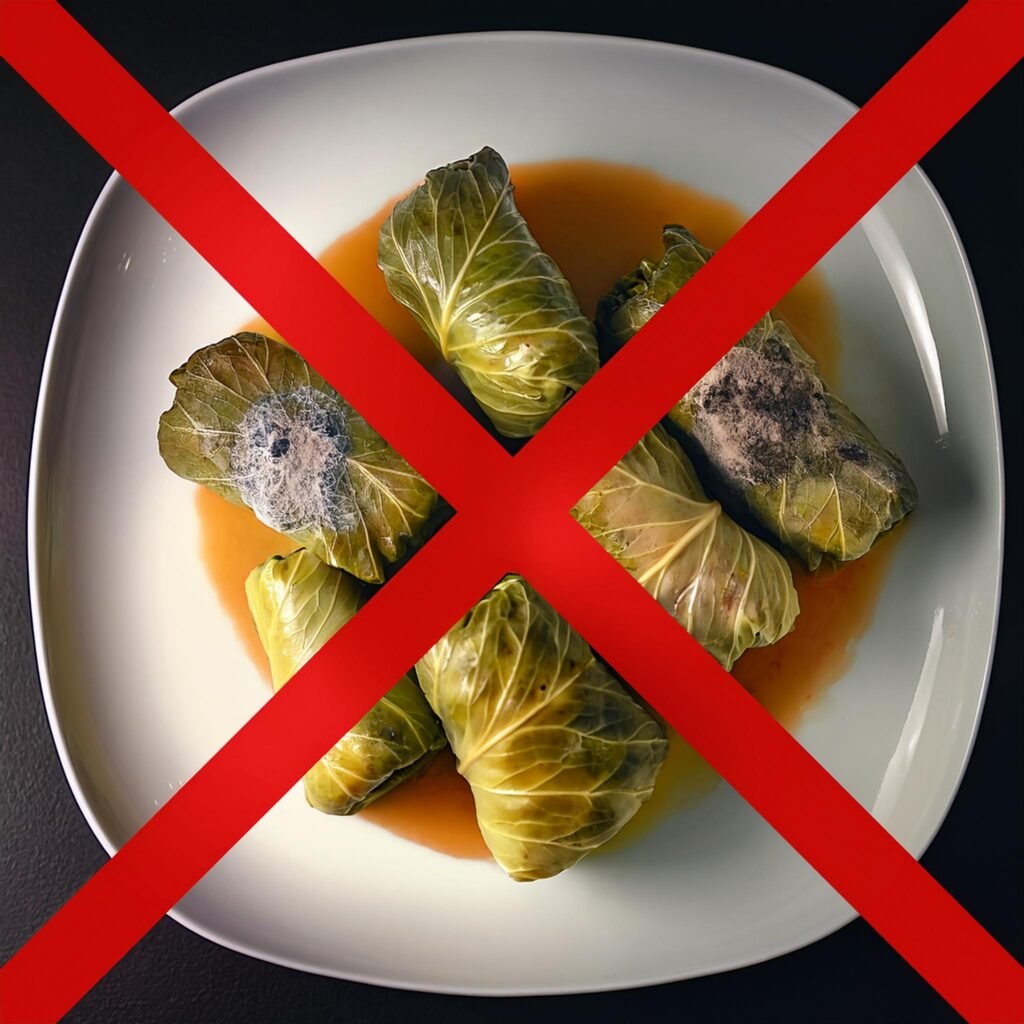 Firefly A plate of stuffed cabbage rolls showing clear signs of spoilage such as mold and discolora Grant Recipes