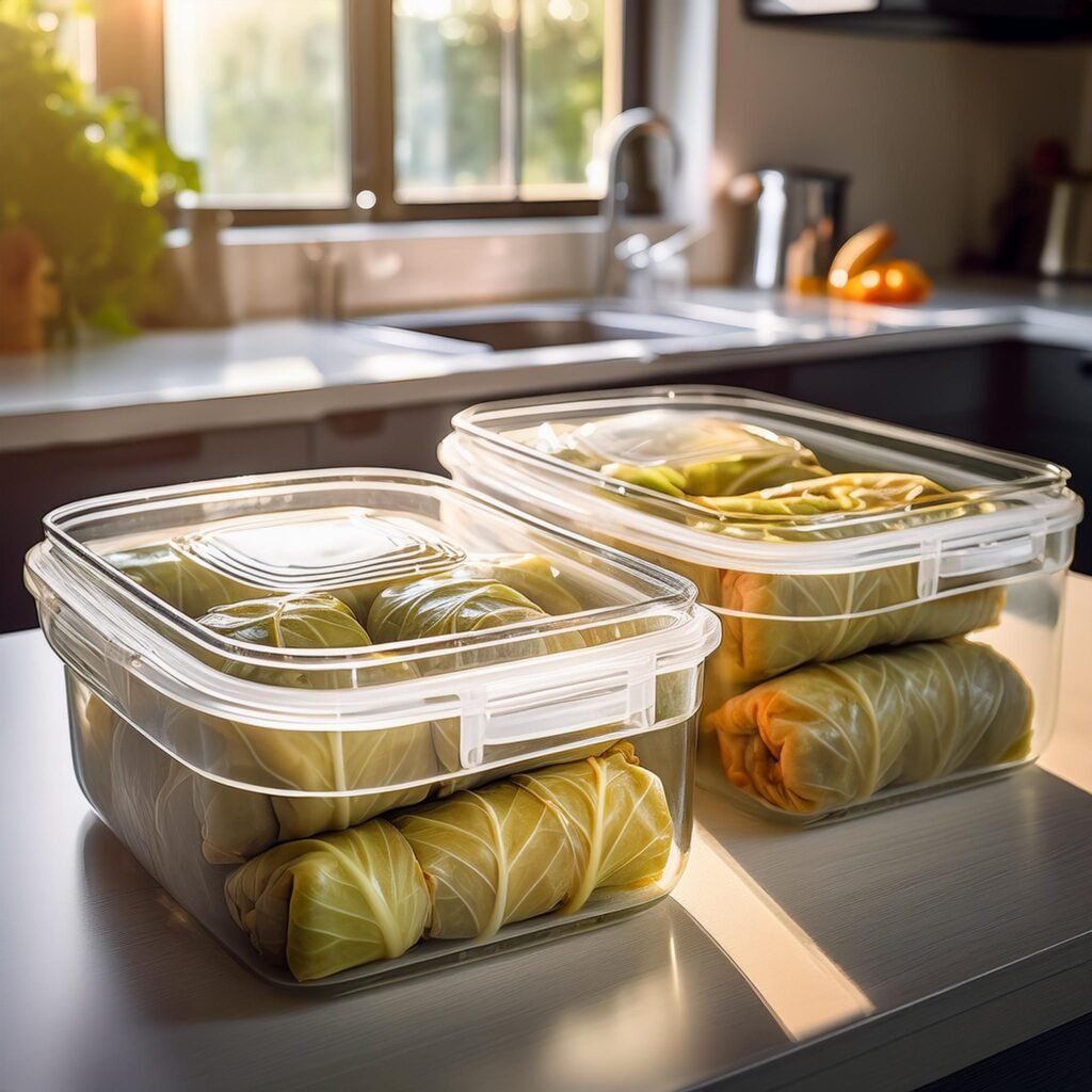 Firefly A set of airtight containers filled with stuffed cabbage rolls placed on a clean kitchen co Grant Recipes