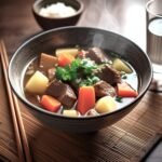 A bowl of Japanese beef stew with tender beef, carrots, and potatoes, garnished with parsley