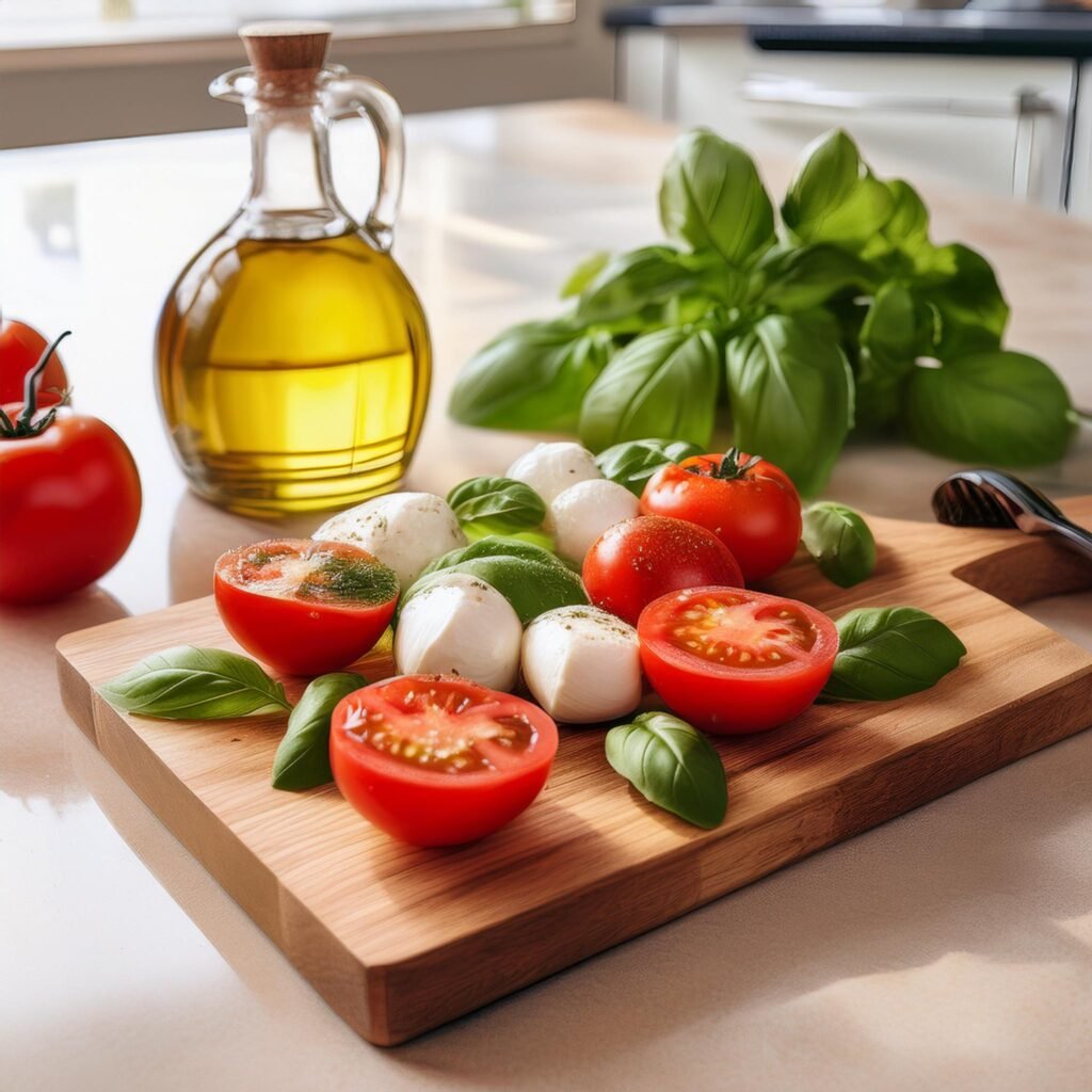 Firefly Fresh ingredients for Caprese salad including ripe tomatoes mozzarella basil and olive o 1 Grant Recipes