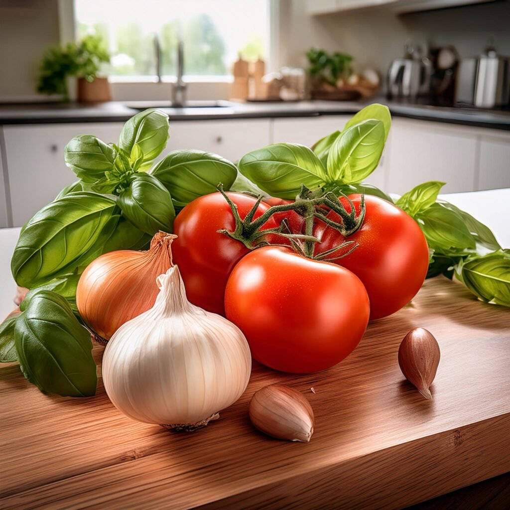 Firefly Fresh tomatoes basil garlic and onions arranged on a wooden cutting board in a bright kit 1 Grant Recipes