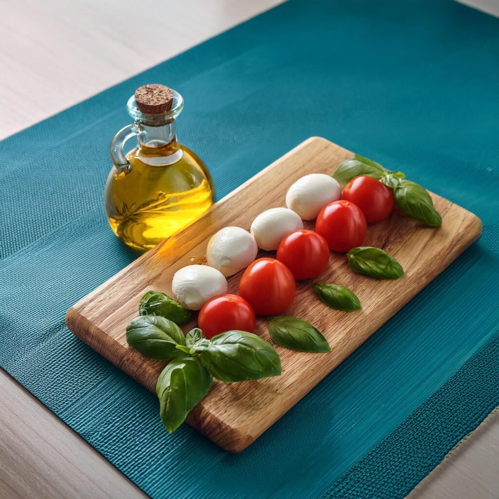 Firefly Fresh tomatoes mozzarella basil and olive oil artfully arranged on a wooden cutting board Grant Recipes