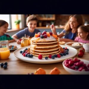 Families enjoying a pancake breakfast with children participating in activities like decorating pancakes