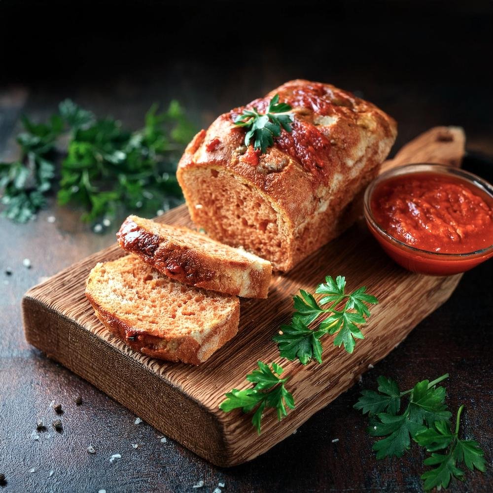 A freshly baked garbage bread loaf sliced to reveal melted cheese and pepperoni filling.