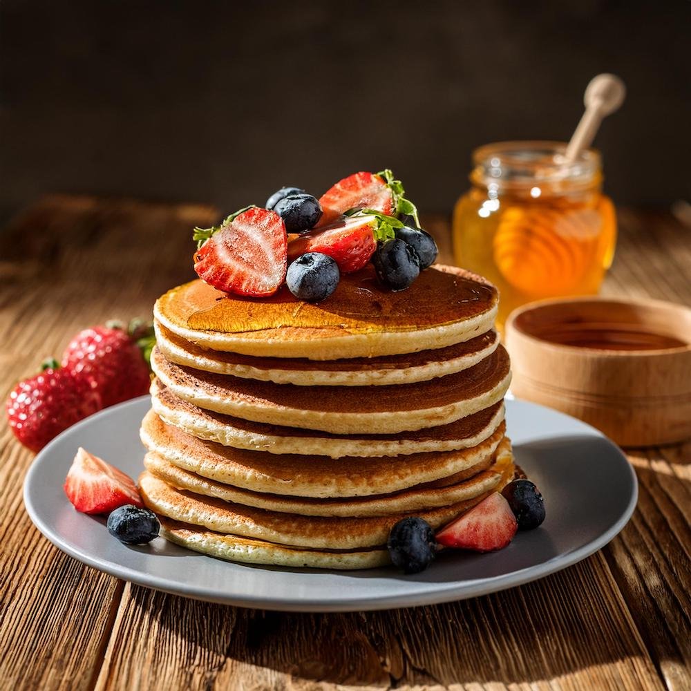 A stack of golden-brown pancakes with fresh fruit and honey