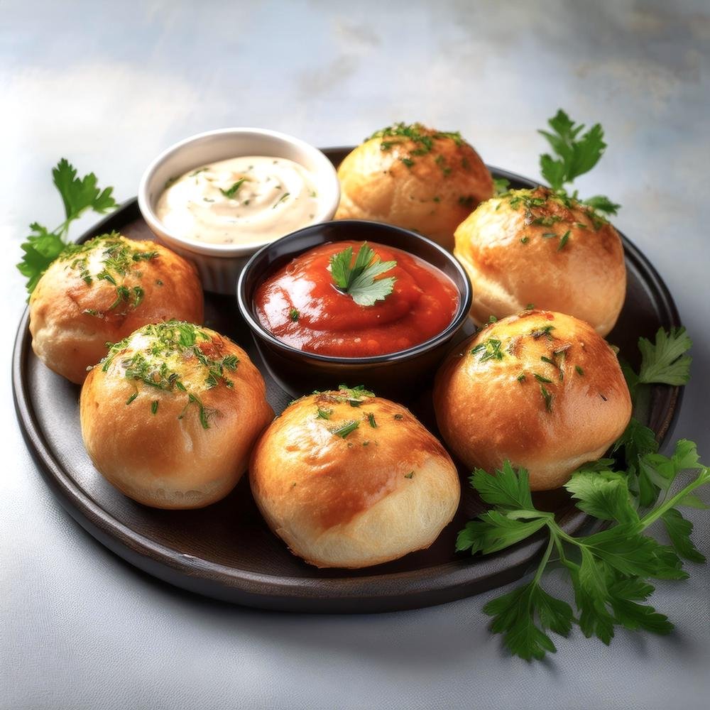 Bite-sized garbage bread rolls arranged on a serving platter