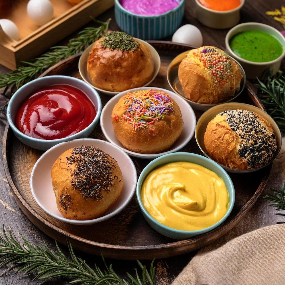 A party platter of mini garbage bread recipe rolls with dipping sauces.